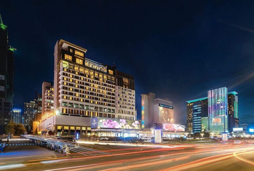 A building at the NagaWorld casino complex in Cambodia at night