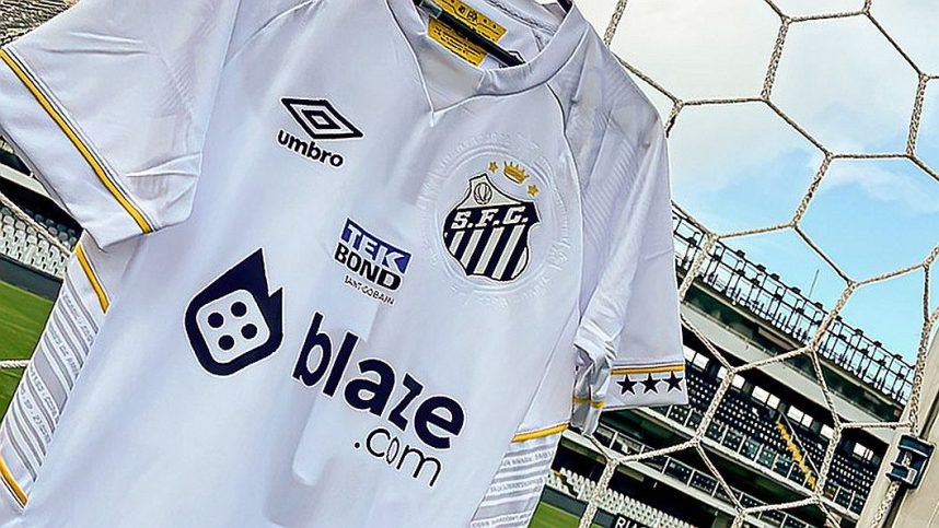 The Blaze.com logo on the front of Brazilian soccer team Santos FC's jersey